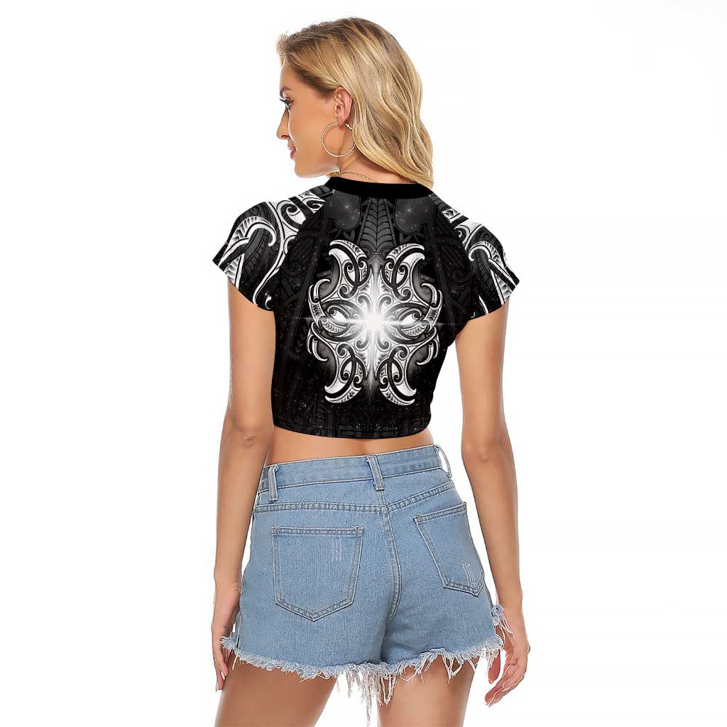 New Zealand Matariki Raglan Cropped T Shirt Maori Moko Black Galaxy