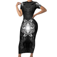 New Zealand Matariki Short Sleeve Bodycon Dress Maori Moko Black Galaxy LT05 Long Dress Black - Polynesian Pride