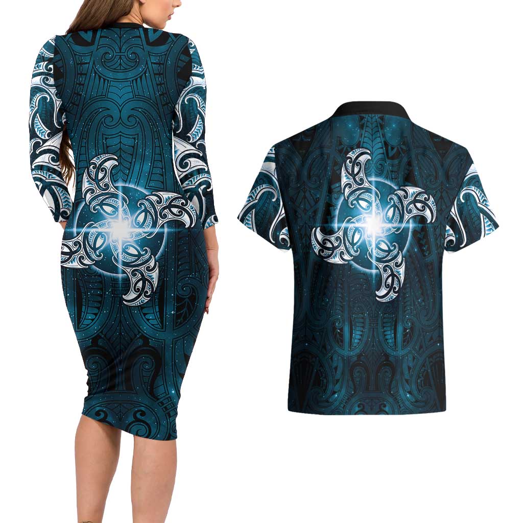New Zealand Matariki Waita Couples Matching Long Sleeve Bodycon Dress and Hawaiian Shirt Maori Moko Dark Blue Galaxy LT05 - Polynesian Pride