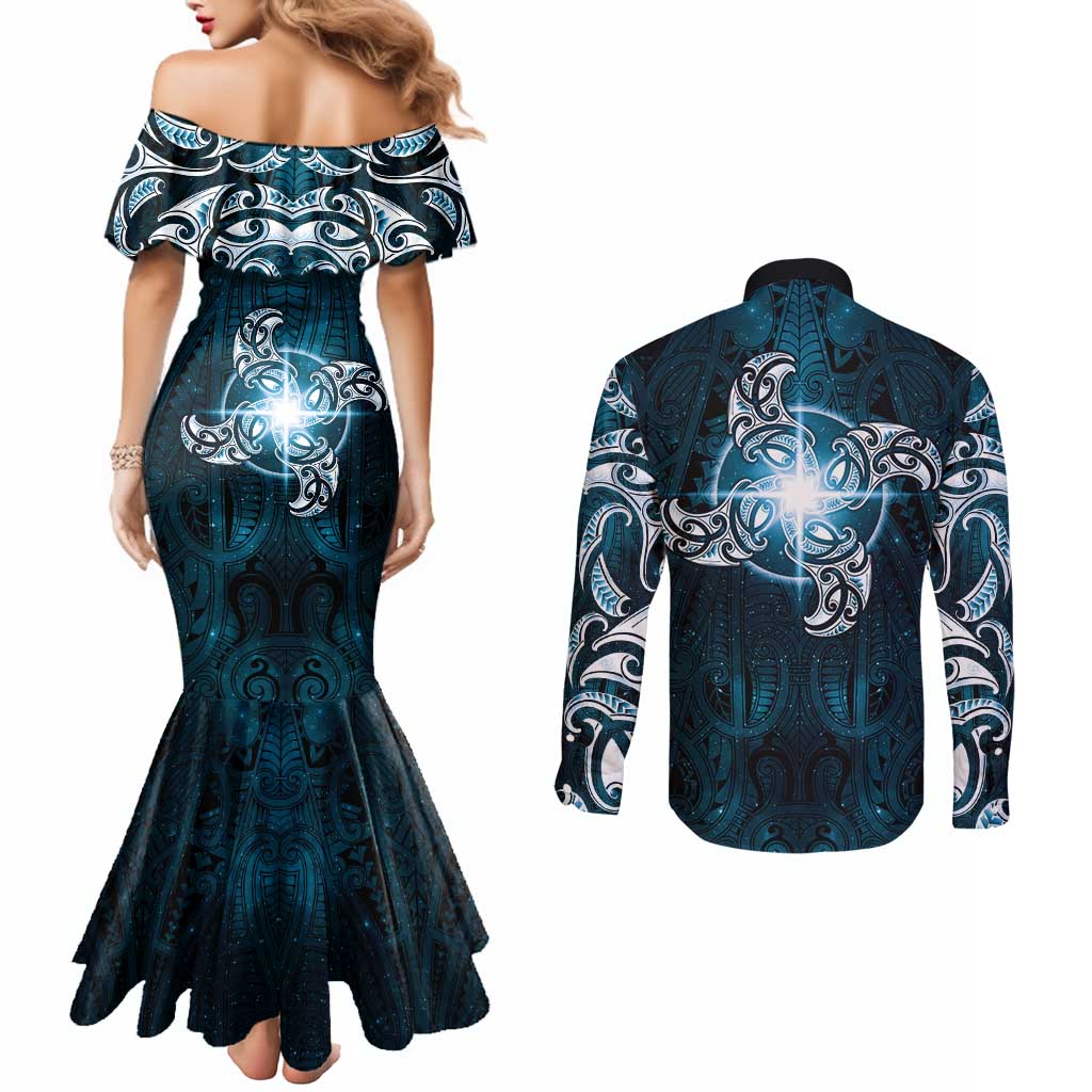 New Zealand Matariki Waita Couples Matching Mermaid Dress and Long Sleeve Button Shirt Maori Moko Dark Blue Galaxy LT05 - Polynesian Pride