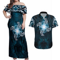 New Zealand Matariki Waita Couples Matching Off Shoulder Maxi Dress and Hawaiian Shirt Maori Moko Dark Blue Galaxy LT05 Blue - Polynesian Pride
