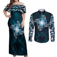 New Zealand Matariki Waita Couples Matching Off Shoulder Maxi Dress and Long Sleeve Button Shirt Maori Moko Dark Blue Galaxy LT05 Blue - Polynesian Pride