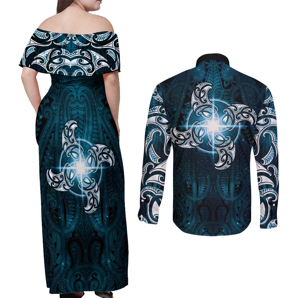 New Zealand Matariki Waita Couples Matching Off Shoulder Maxi Dress and Long Sleeve Button Shirt Maori Moko Dark Blue Galaxy LT05 - Polynesian Pride