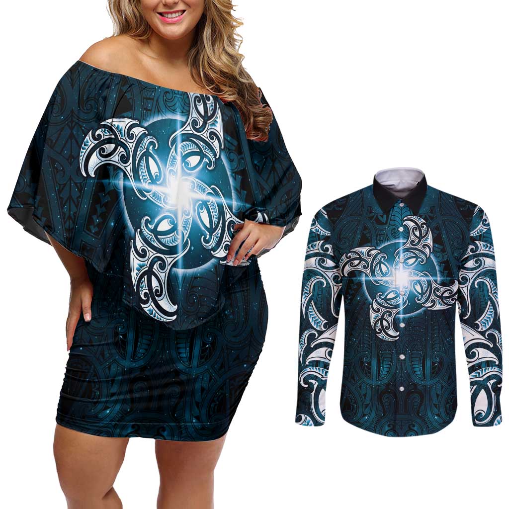 New Zealand Matariki Waita Couples Matching Off Shoulder Short Dress and Long Sleeve Button Shirt Maori Moko Dark Blue Galaxy LT05 Blue - Polynesian Pride