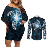 New Zealand Matariki Waita Couples Matching Off Shoulder Short Dress and Long Sleeve Button Shirt Maori Moko Dark Blue Galaxy LT05 Blue - Polynesian Pride
