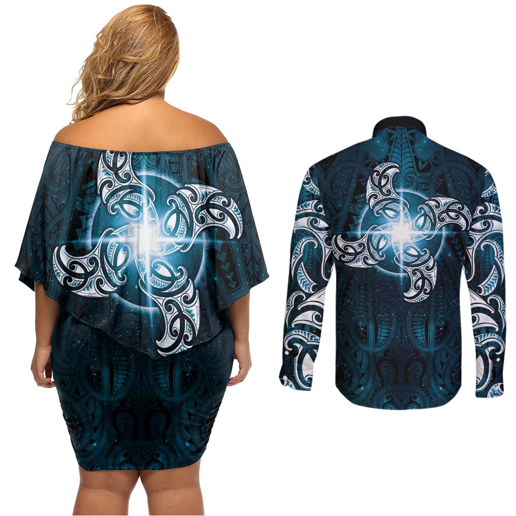 New Zealand Matariki Waita Couples Matching Off Shoulder Short Dress and Long Sleeve Button Shirt Maori Moko Dark Blue Galaxy LT05 - Polynesian Pride