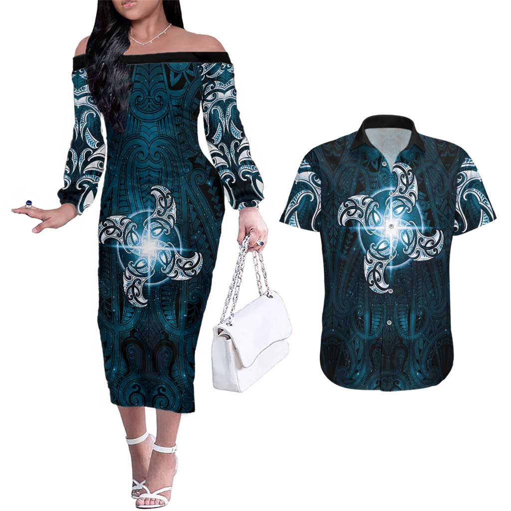 New Zealand Matariki Waita Couples Matching Off The Shoulder Long Sleeve Dress and Hawaiian Shirt Maori Moko Dark Blue Galaxy