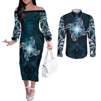 New Zealand Matariki Waita Couples Matching Off The Shoulder Long Sleeve Dress and Long Sleeve Button Shirt Maori Moko Dark Blue Galaxy LT05 Blue - Polynesian Pride