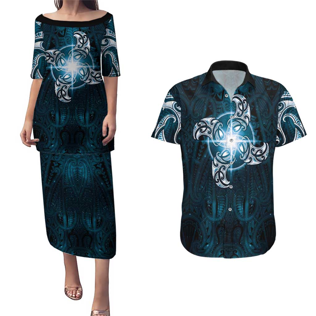 New Zealand Matariki Waita Couples Matching Puletasi and Hawaiian Shirt Maori Moko Dark Blue Galaxy LT05 Blue - Polynesian Pride