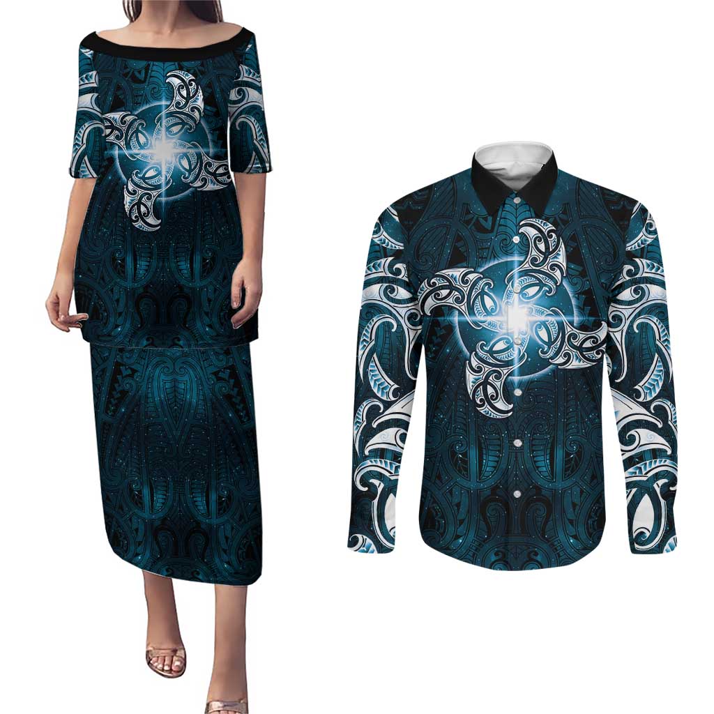 New Zealand Matariki Waita Couples Matching Puletasi and Long Sleeve Button Shirt Maori Moko Dark Blue Galaxy LT05 Blue - Polynesian Pride