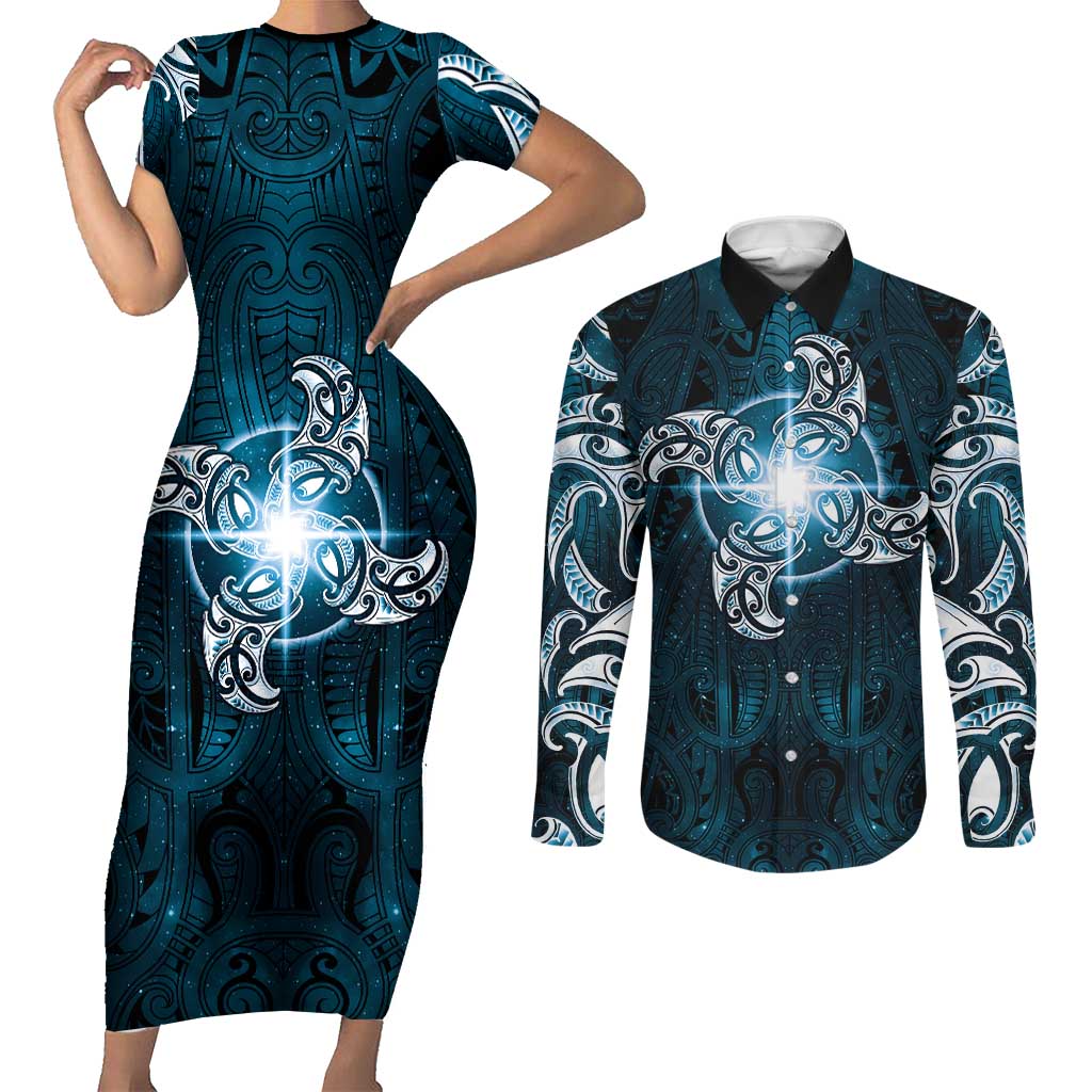 New Zealand Matariki Waita Couples Matching Short Sleeve Bodycon Dress and Long Sleeve Button Shirt Maori Moko Dark Blue Galaxy