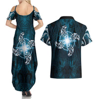 New Zealand Matariki Waita Couples Matching Summer Maxi Dress and Hawaiian Shirt Maori Moko Dark Blue Galaxy LT05 - Polynesian Pride