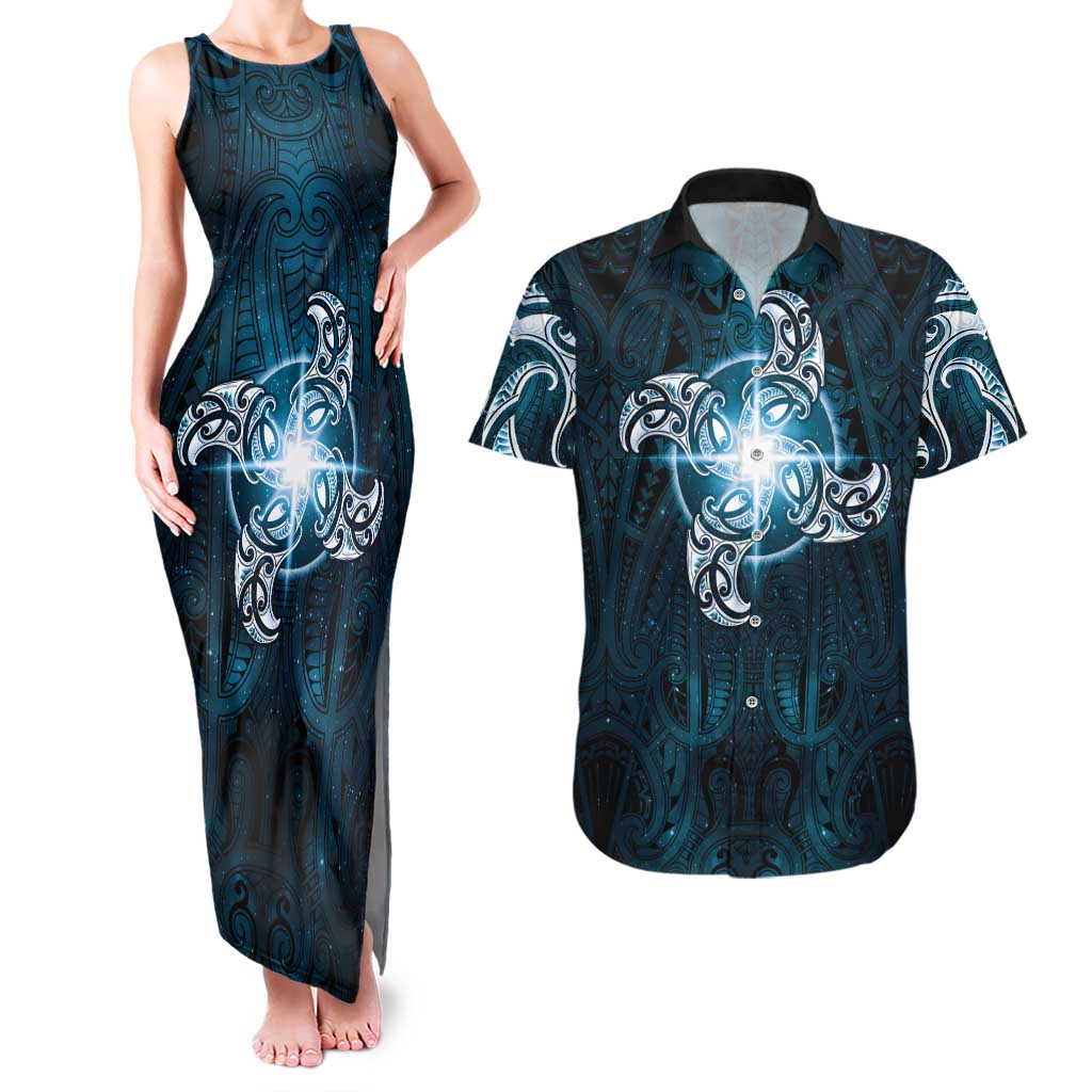 New Zealand Matariki Waita Couples Matching Tank Maxi Dress and Hawaiian Shirt Maori Moko Dark Blue Galaxy LT05 Blue - Polynesian Pride