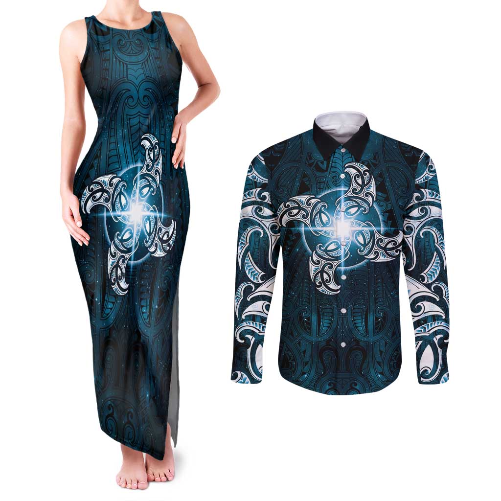 New Zealand Matariki Waita Couples Matching Tank Maxi Dress and Long Sleeve Button Shirt Maori Moko Dark Blue Galaxy LT05 Blue - Polynesian Pride