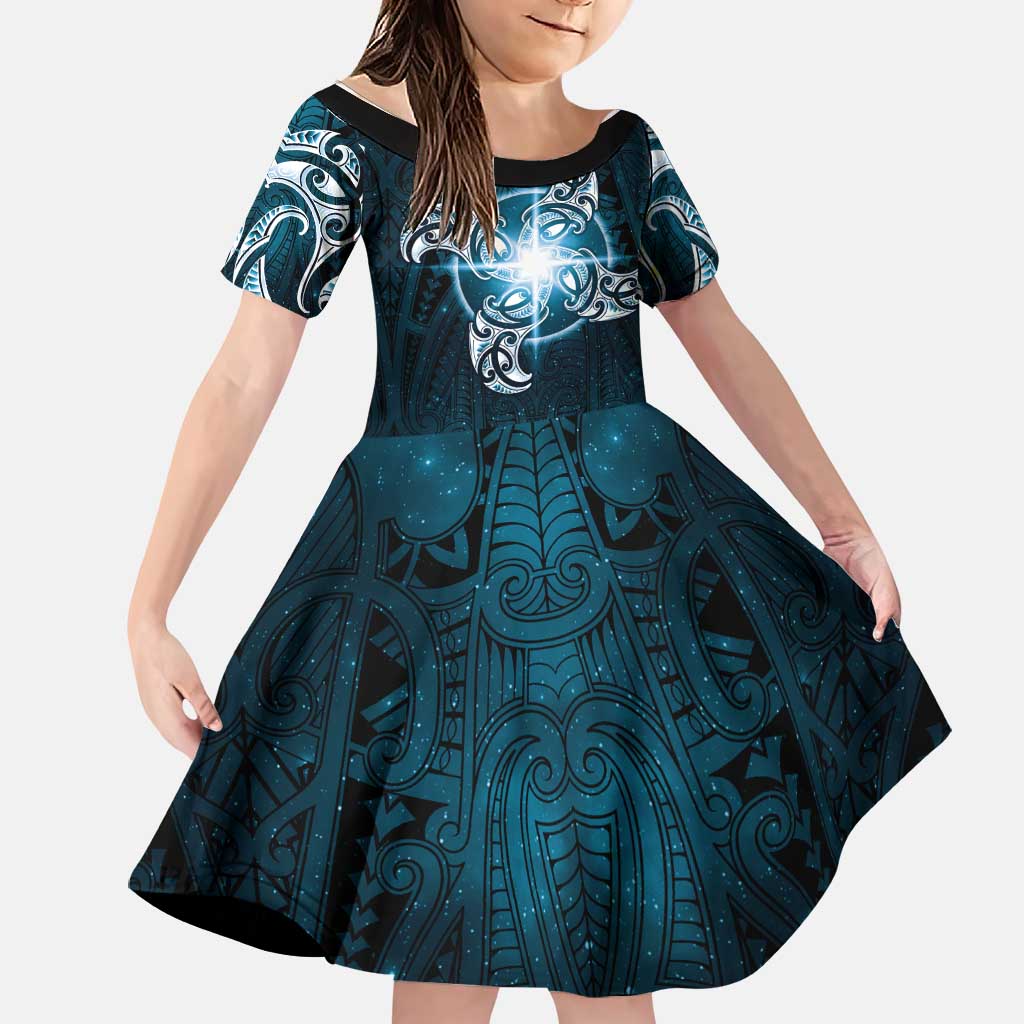 New Zealand Matariki Waita Family Matching Long Sleeve Bodycon Dress and Hawaiian Shirt Maori Moko Dark Blue Galaxy LT05 Daughter's Dress Blue - Polynesian Pride