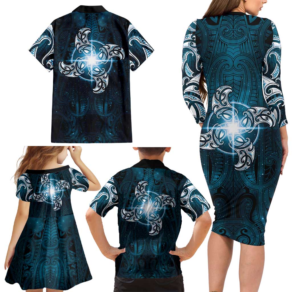 New Zealand Matariki Waita Family Matching Long Sleeve Bodycon Dress and Hawaiian Shirt Maori Moko Dark Blue Galaxy LT05 - Polynesian Pride