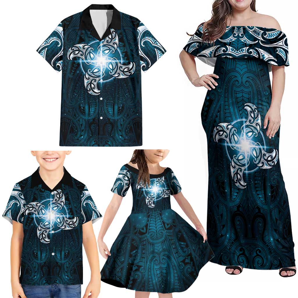 New Zealand Matariki Waita Family Matching Off Shoulder Maxi Dress and Hawaiian Shirt Maori Moko Dark Blue Galaxy LT05 - Polynesian Pride