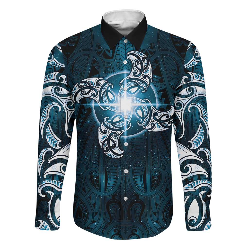 New Zealand Matariki Waita Family Matching Off Shoulder Short Dress and Hawaiian Shirt Maori Moko Dark Blue Galaxy LT05 Dad's Shirt - Long Sleeve Blue - Polynesian Pride