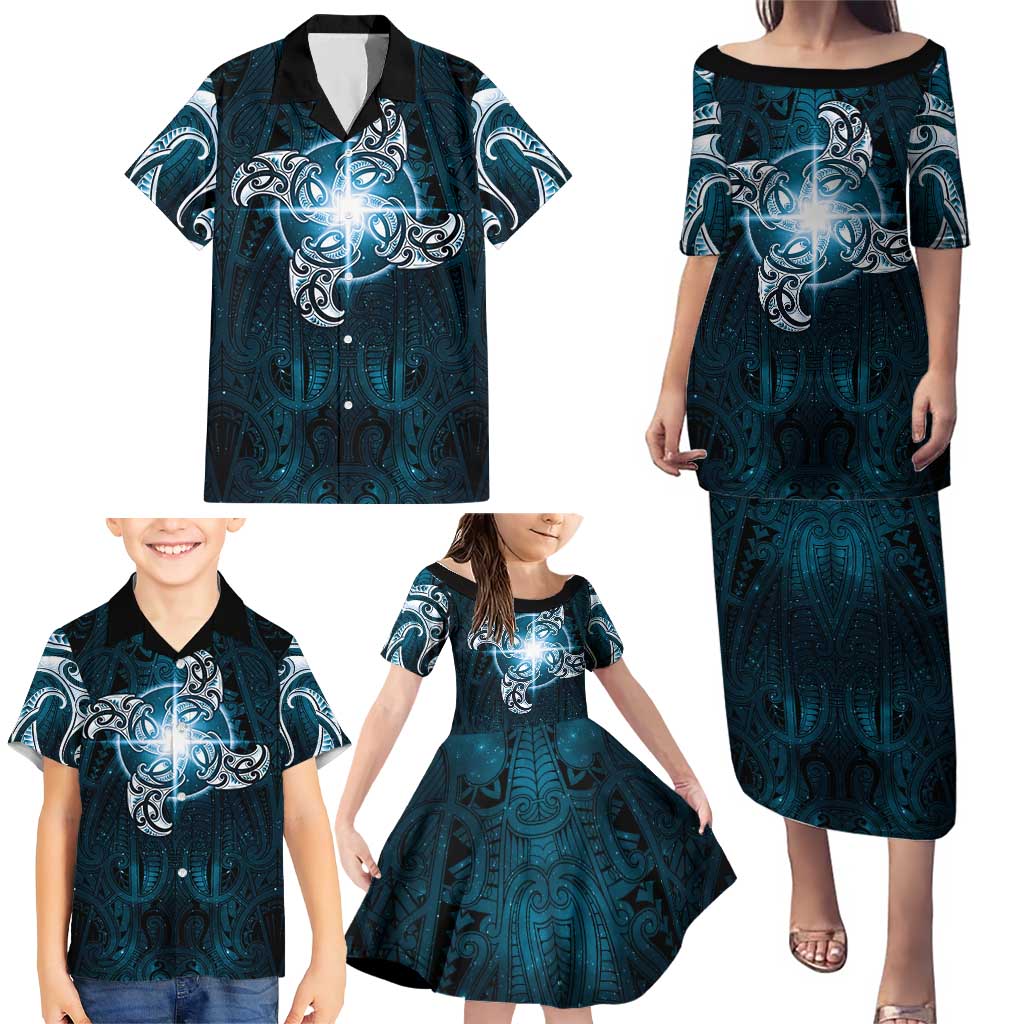 New Zealand Matariki Waita Family Matching Puletasi and Hawaiian Shirt Maori Moko Dark Blue Galaxy