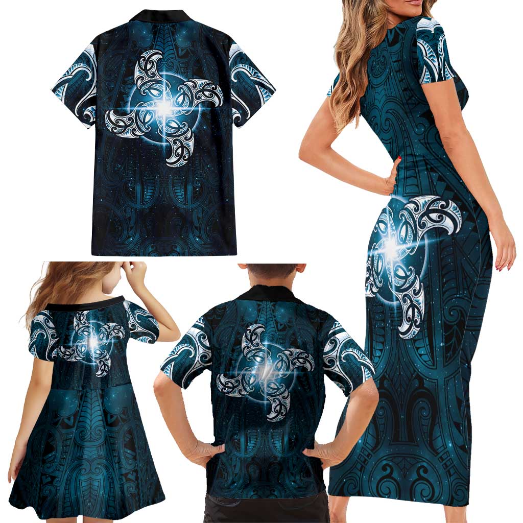 New Zealand Matariki Waita Family Matching Short Sleeve Bodycon Dress and Hawaiian Shirt Maori Moko Dark Blue Galaxy LT05 - Polynesian Pride