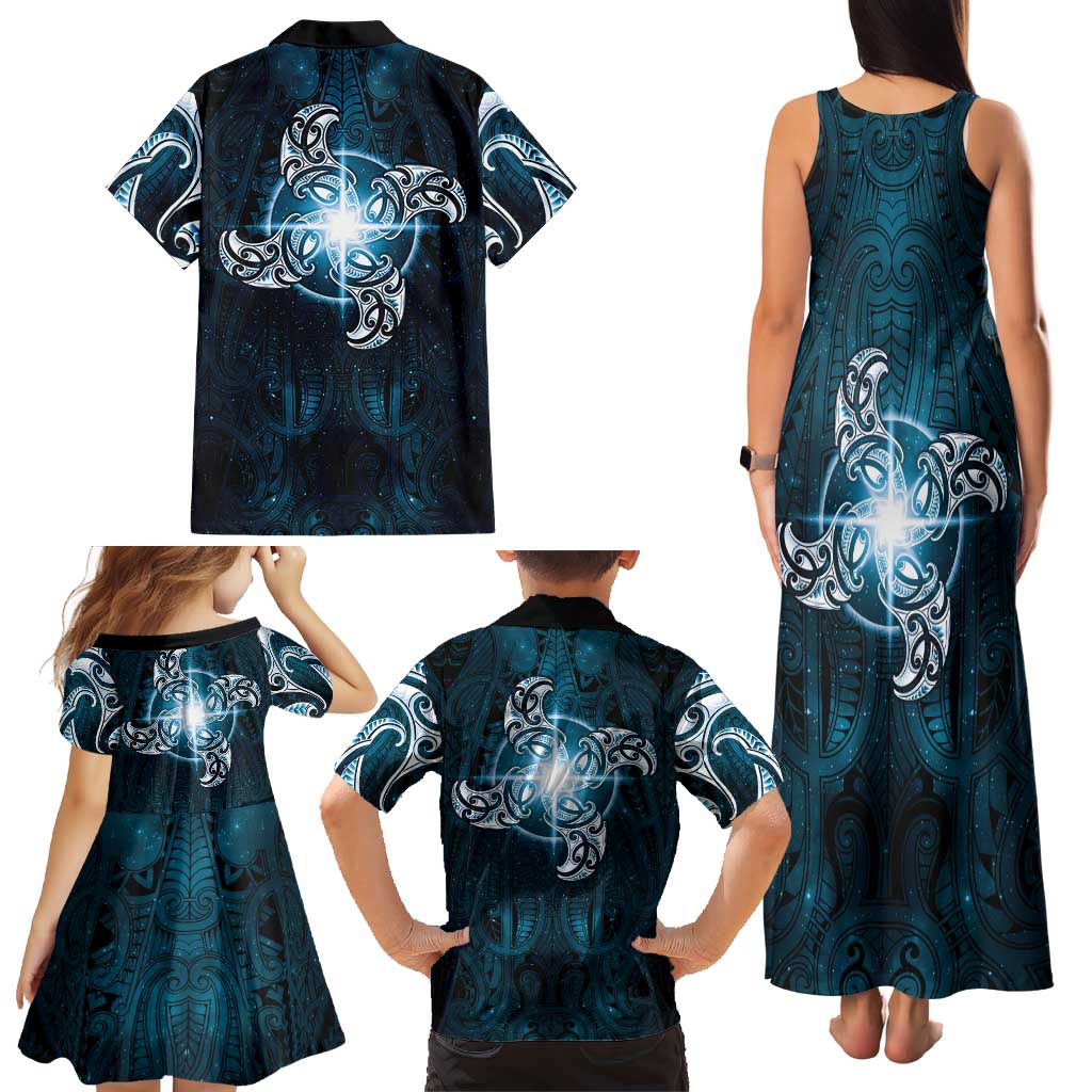 New Zealand Matariki Waita Family Matching Tank Maxi Dress and Hawaiian Shirt Maori Moko Dark Blue Galaxy LT05 - Polynesian Pride