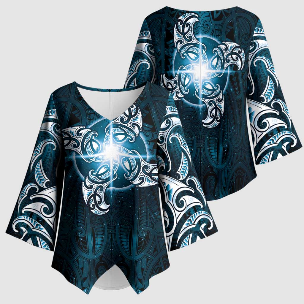 New Zealand Matariki Waita Kimono Sleeve Blouse Maori Moko Dark Blue Galaxy