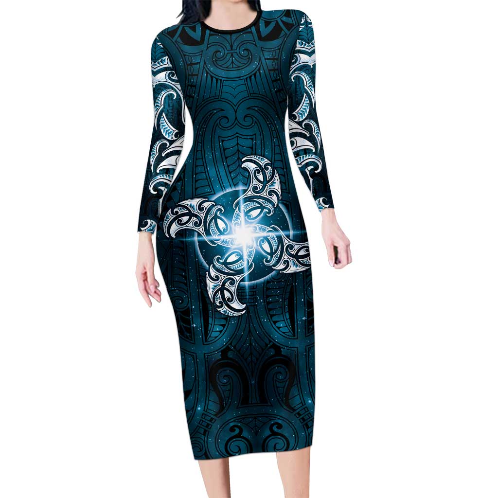 New Zealand Matariki Waita Long Sleeve Bodycon Dress Maori Moko Dark Blue Galaxy LT05 Long Dress Blue - Polynesian Pride