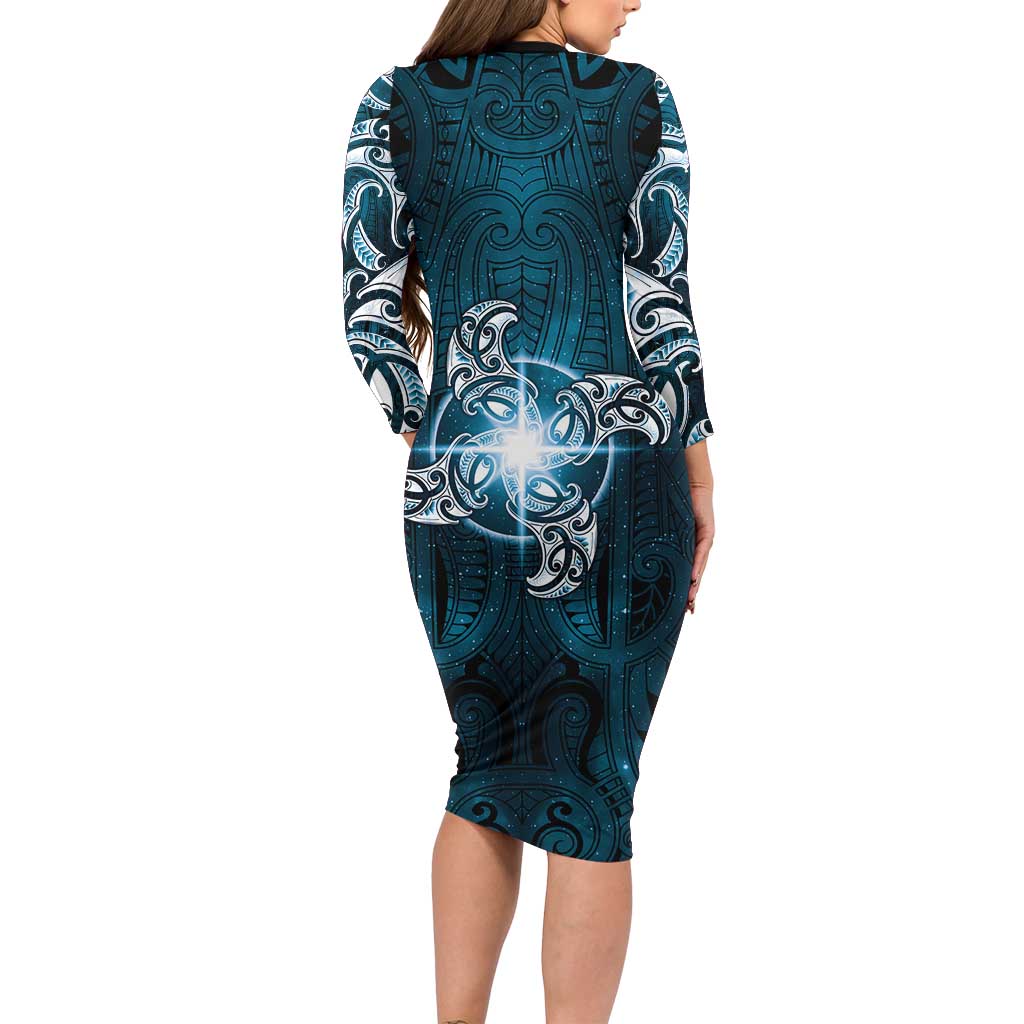New Zealand Matariki Waita Long Sleeve Bodycon Dress Maori Moko Dark Blue Galaxy LT05 - Polynesian Pride