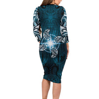 New Zealand Matariki Waita Long Sleeve Bodycon Dress Maori Moko Dark Blue Galaxy LT05 - Polynesian Pride