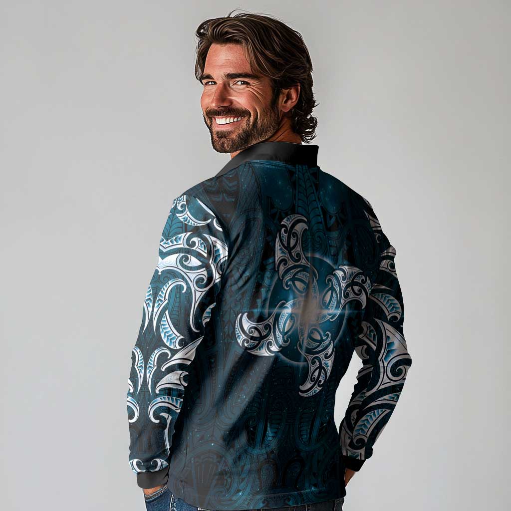 New Zealand Matariki Waita Long Sleeve Polo Shirt Maori Moko Dark Blue Galaxy