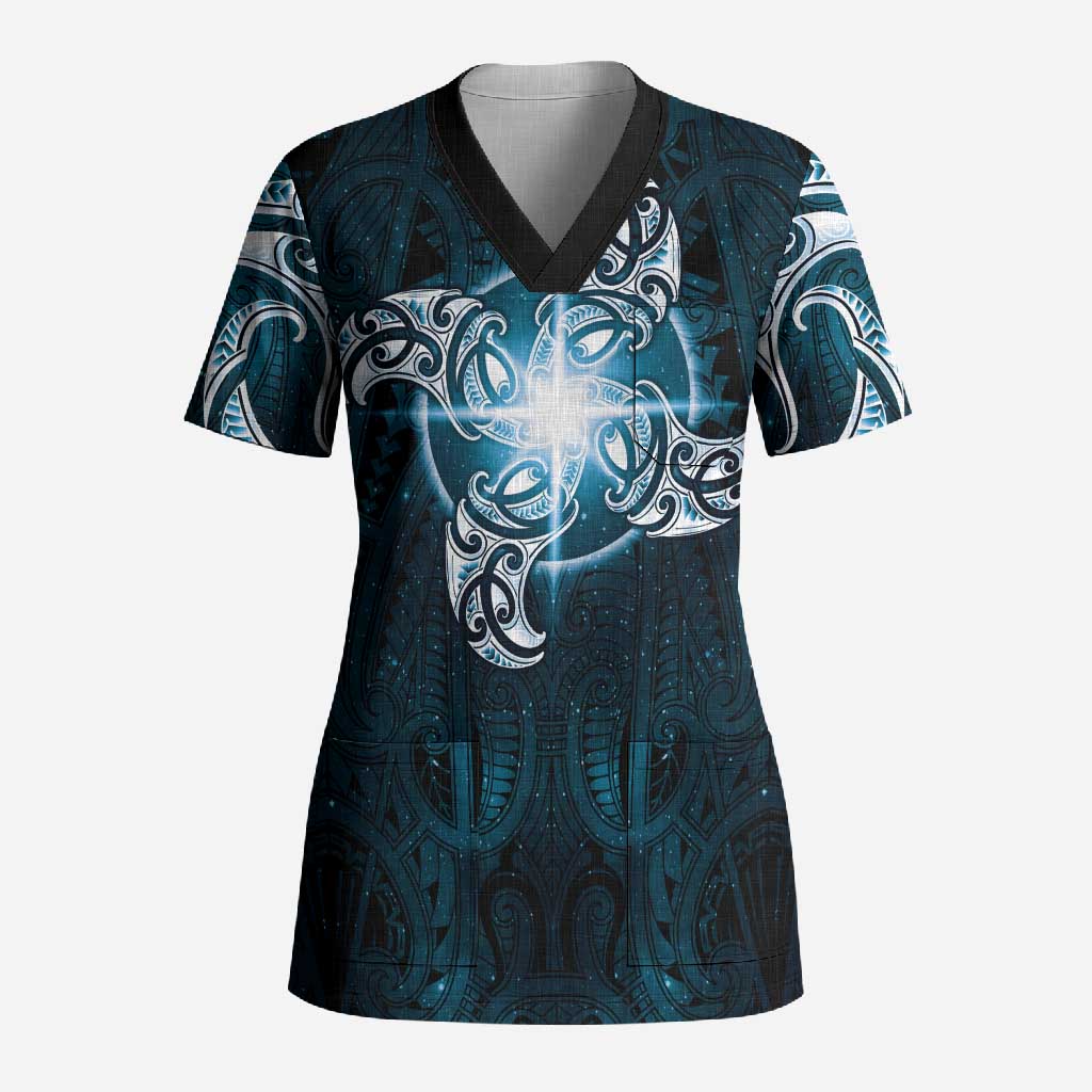 New Zealand Matariki Waita Scrub Top Maori Moko Dark Blue Galaxy LT05 Adult Blue - Polynesian Pride