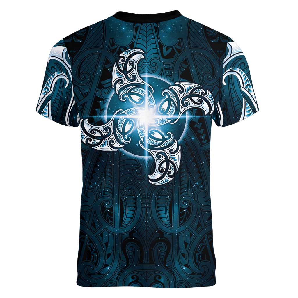 New Zealand Matariki Waita Women V-Neck T-Shirt Maori Moko Dark Blue Galaxy LT05 - Polynesian Pride