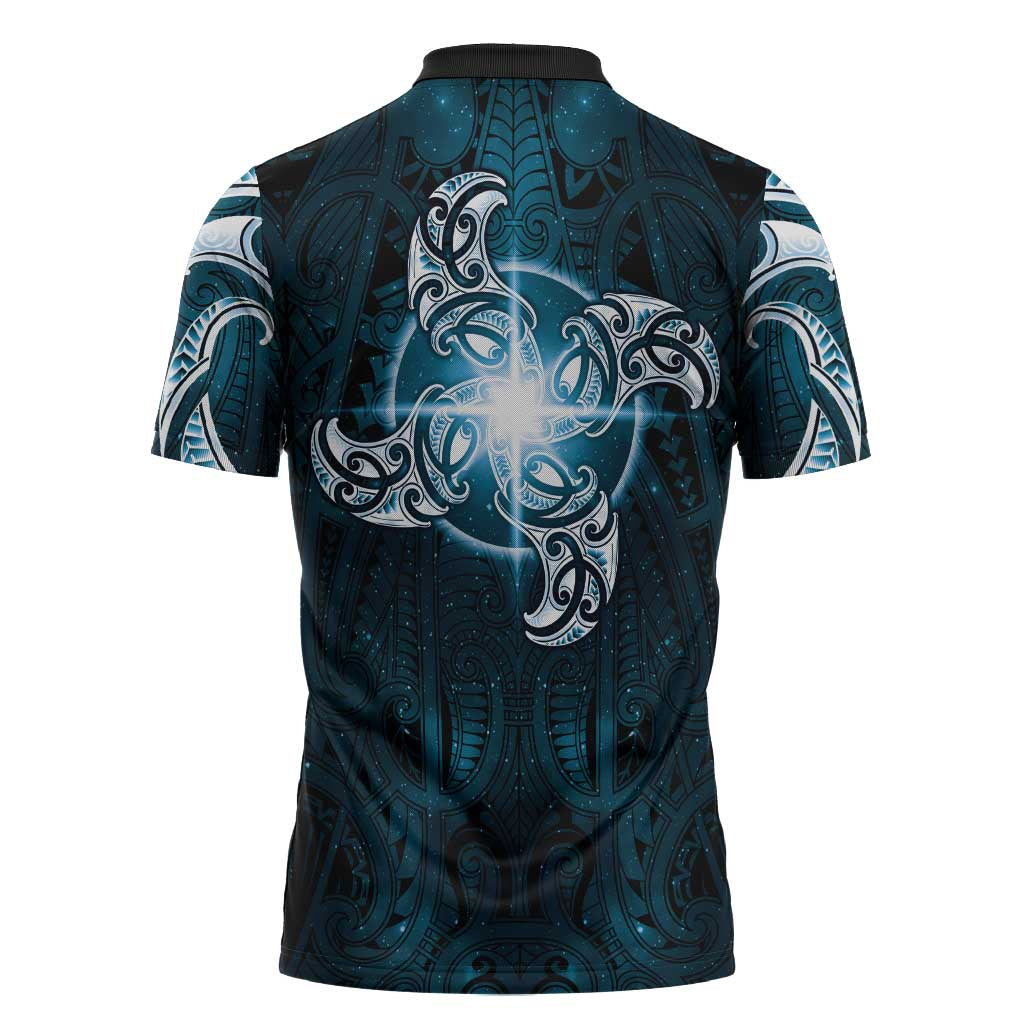 New Zealand Matariki Waita Zipper Polo Shirt Maori Moko Dark Blue Galaxy