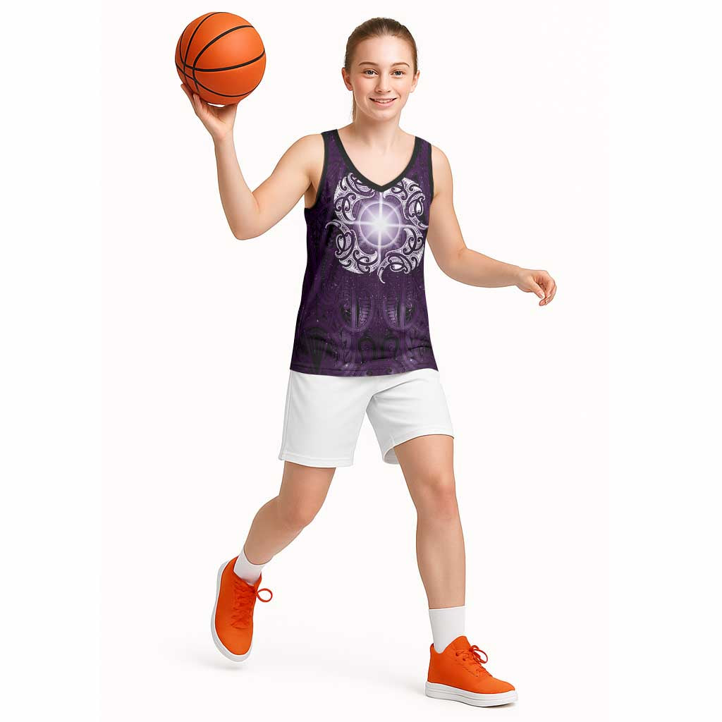 New Zealand Matariki Waipunarangi Basketball Jersey Maori Moko Purple Galaxy LT05 - Polynesian Pride