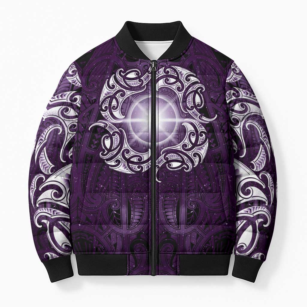 New Zealand Matariki Waipunarangi Bomber Puffer Jacket Maori Moko Purple Galaxy