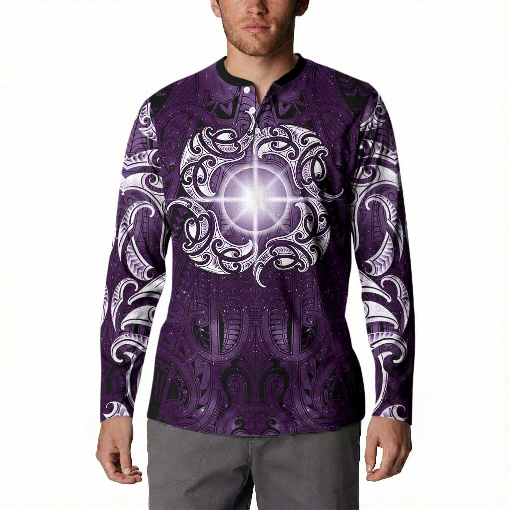 New Zealand Matariki Waipunarangi Button Sweatshirt Maori Moko Purple Galaxy