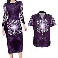 New Zealand Matariki Waipunarangi Couples Matching Long Sleeve Bodycon Dress and Hawaiian Shirt Maori Moko Purple Galaxy LT05 Purple - Polynesian Pride