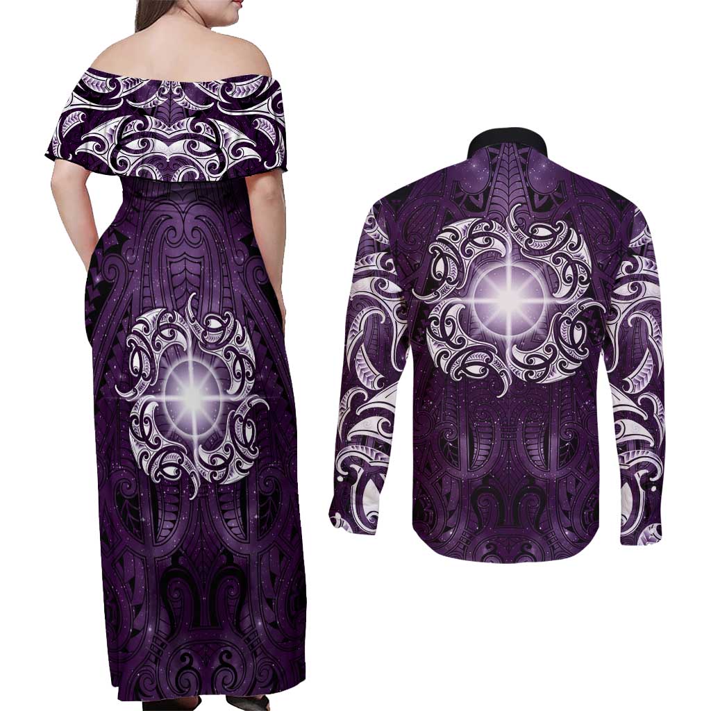 New Zealand Matariki Waipunarangi Couples Matching Off Shoulder Maxi Dress and Long Sleeve Button Shirt Maori Moko Purple Galaxy LT05 - Polynesian Pride