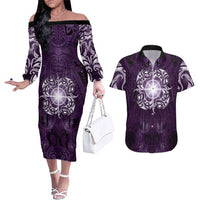 New Zealand Matariki Waipunarangi Couples Matching Off The Shoulder Long Sleeve Dress and Hawaiian Shirt Maori Moko Purple Galaxy LT05 Purple - Polynesian Pride
