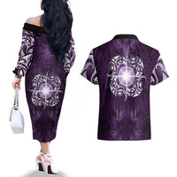 New Zealand Matariki Waipunarangi Couples Matching Off The Shoulder Long Sleeve Dress and Hawaiian Shirt Maori Moko Purple Galaxy LT05 - Polynesian Pride