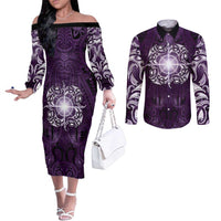 New Zealand Matariki Waipunarangi Couples Matching Off The Shoulder Long Sleeve Dress and Long Sleeve Button Shirt Maori Moko Purple Galaxy LT05 Purple - Polynesian Pride
