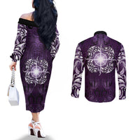 New Zealand Matariki Waipunarangi Couples Matching Off The Shoulder Long Sleeve Dress and Long Sleeve Button Shirt Maori Moko Purple Galaxy LT05 - Polynesian Pride