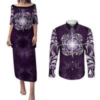 New Zealand Matariki Waipunarangi Couples Matching Puletasi and Long Sleeve Button Shirt Maori Moko Purple Galaxy LT05 Purple - Polynesian Pride
