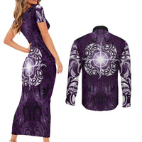 New Zealand Matariki Waipunarangi Couples Matching Short Sleeve Bodycon Dress and Long Sleeve Button Shirt Maori Moko Purple Galaxy LT05 - Polynesian Pride