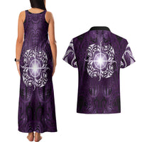 New Zealand Matariki Waipunarangi Couples Matching Tank Maxi Dress and Hawaiian Shirt Maori Moko Purple Galaxy LT05 - Polynesian Pride