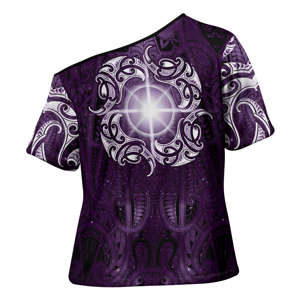 New Zealand Matariki Waipunarangi Cross Shoulder Shirt Maori Moko Purple Galaxy LT05 - Polynesian Pride