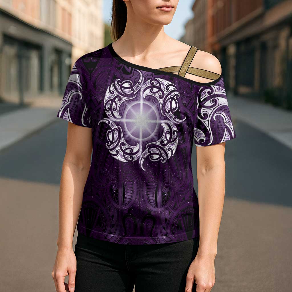 New Zealand Matariki Waipunarangi Cross Shoulder Shirt Maori Moko Purple Galaxy LT05 - Polynesian Pride