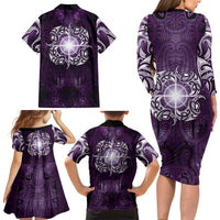 New Zealand Matariki Waipunarangi Family Matching Long Sleeve Bodycon Dress and Hawaiian Shirt Maori Moko Purple Galaxy LT05 - Polynesian Pride