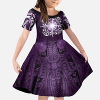 New Zealand Matariki Waipunarangi Family Matching Off The Shoulder Long Sleeve Dress and Hawaiian Shirt Maori Moko Purple Galaxy LT05 Daughter's Dress Purple - Polynesian Pride
