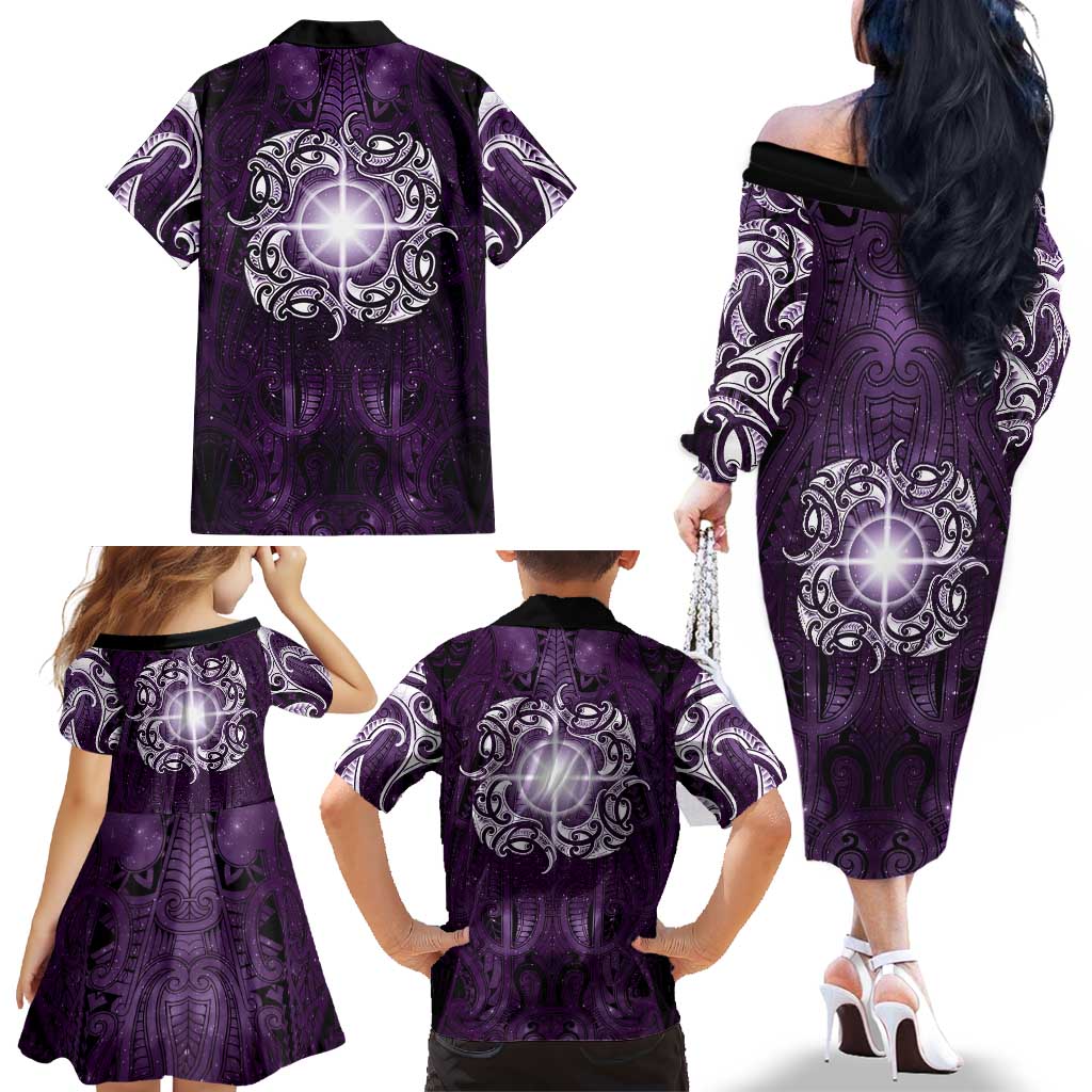 New Zealand Matariki Waipunarangi Family Matching Off The Shoulder Long Sleeve Dress and Hawaiian Shirt Maori Moko Purple Galaxy LT05 - Polynesian Pride